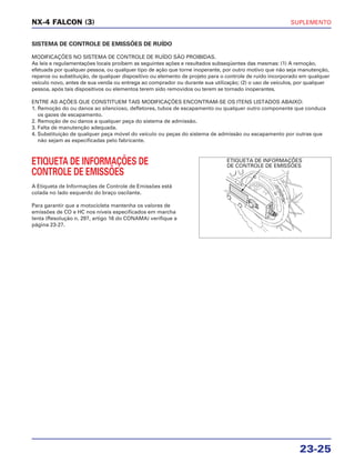 SUPLEMENTO
23-25
NX-4 FALCON (3)
SISTEMA DE CONTROLE DE EMISSÕES DE RUÍDO
MODIFICAÇÕES NO SISTEMA DE CONTROLE DE RUÍDO SÃO PROIBIDAS.
As leis e regulamentações locais proíbem as seguintes ações e resultados subseqüentes das mesmas: (1) A remoção,
efetuada por qualquer pessoa, ou qualquer tipo de ação que torne inoperante, por outro motivo que não seja manutenção,
reparos ou substituição, de qualquer dispositivo ou elemento de projeto para o controle de ruído incorporado em qualquer
veículo novo, antes de sua venda ou entrega ao comprador ou durante sua utilização; (2) o uso de veículos, por qualquer
pessoa, após tais dispositivos ou elementos terem sido removidos ou terem se tornado inoperantes.
ENTRE AS AÇÕES QUE CONSTITUEM TAIS MODIFICAÇÕES ENCONTRAM-SE OS ITENS LISTADOS ABAIXO:
1. Remoção do ou danos ao silencioso, defletores, tubos de escapamento ou qualquer outro componente que conduza
os gazes de escapamento.
2. Remoção de ou danos a qualquer peça do sistema de admissão.
3. Falta de manutenção adequada.
4. Substituição de qualquer peça móvel do veículo ou peças do sistema de admissão ou escapamento por outras que
não sejam as especificadas pelo fabricante.
ETIQUETA DE INFORMAÇÕES DE
CONTROLE DE EMISSÕES
A Etiqueta de Informações de Controle de Emissões está
colada no lado esquerdo do braço oscilante.
Para garantir que a motocicleta mantenha os valores de
emissões de CO e HC nos níveis especificados em marcha
lenta (Resolução n. 297, artigo 16 do CONAMA) verifique a
página 23-27.
ETIQUETA DE INFORMAÇÕES
DE CONTROLE DE EMISSÕES
 