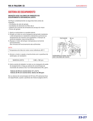 SUPLEMENTO
23-27
NX-4 FALCON (3)
SISTEMA DE ESCAPAMENTO
MEDIÇÃO DOS VALORES DE EMISSÃO DO
ESCAPAMENTO EM MARCHA LENTA
Verifique cuidadosamente os seguintes itens antes da
inspeção:
– Condições da vela de ignição
– Condições do elemento do filtro de ar
– Sistema de controle de emissões da carcaça do motor
– Ponto de ignição
1. Apoie a motocicleta no cavalete lateral.
2. Acople um tubo ou uma mangueira apropriada (resistente
a alta temperatura e resistente a elementos químicos) ao
escapamento de maneira que possibilite a inserção da
ponta do testador mais do que 60 cm.
3. Aqueça o motor até atingir a temperatura normal de
funcionamento.
Dez minutos de funcionamento são suficientes.
NOTA
4. Acione o motor e ajuste a marcha lenta com o parafuso de
aceleração, se necessário
5. Insira a ponta do testador no tubo ou na mangueira da saída
do escapamento e meça os valores de concentração de
monóxido de carbono (CO, %) e hidrocarbonetos (HC, ppm).
Valores de CO em marcha lenta: 0.7 ± 0,3 %
Valores de HC em marcha lenta: abaixo de 300 ppm
Se os valores de concentração de CO e/ou HC estiverem fora
do especificado, ajuste o parafuso da mistura (página 23-31).
MARCHA LENTA 1.300 ± 100 rpm
Temperatura do óleo do motor como referência: 60° C
TESTADOR 30 cm
FERRAMENTA PARA TESTE
DOS VALORES DE CO/HC.
 