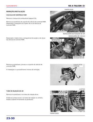 SUPLEMENTO
23-30
REMOÇÃO/INSTALAÇÃO
VÁLVULA DE CONTROLE PAIR
Remova o tanque de combustível (página 2-3).
Remova os parafusos do suporte da válvula de controle PAIR.
Desacople a mangueira do injetor de ar da válvula de
controle PAIR.
MANGUEIRA DE INJEÇÃO DE AR
PARAFUSOS
Remova os parafusos, porcas e o suporte da válvula de
controle PAIR.
A instalação é o procedimento inverso da remoção.
TUBO DE INJEÇÃO DE AR
Remova os parafusos e os tubos de injeção de ar.
Instale as juntas novas e os tubos de injeção no cilindro.
Instale e aperte firmemente os parafusos.
PARAFUSOS
JUNTAS
Desacople o injetor de ar, mangueiras de sucção e de vácuo
da válvula de controle PAIR.
MANGUEIRA DE VÁCUO
NX-4 FALCON (3)
MANGUEIRA DE
INJEÇÃO DE AR
MANGUEIRA DE
SUCÇÃO DE AR
PARAFUSOS/
PORCAS
TUBOS DE INJEÇÃO DE AR
NOVO
 