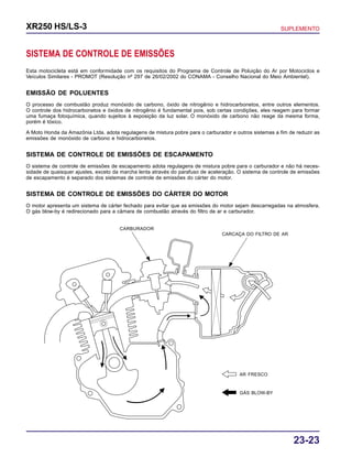 23-23
XR250 HS/LS-3 SUPLEMENTO
SISTEMA DE CONTROLE DE EMISSÕES
Esta motocicleta está em conformidade com os requisitos do Programa de Controle de Poluição do Ar por Motociclos e
Veículos Similares - PROMOT (Resolução nº 297 de 26/02/2002 do CONAMA - Conselho Nacional do Meio Ambientel).
EMISSÃO DE POLUENTES
O processo de combustão produz monóxido de carbono, óxido de nitrogênio e hidrocarbonetos, entre outros elementos.
O controle dos hidrocarbonetos e óxidos de nitrogênio é fundamental pois, sob certas condições, eles reagem para formar
uma fumaça fotoquímica, quando sujeitos à exposição da luz solar. O monóxido de carbono não reage da mesma forma,
porém é tóxico.
A Moto Honda da Amazônia Ltda. adota regulagens de mistura pobre para o carburador e outros sistemas a fim de reduzir as
emissões de monóxido de carbono e hidrocarbonetos.
SISTEMA DE CONTROLE DE EMISSÕES DE ESCAPAMENTO
O sistema de controle de emissões de escapamento adota regulagens de mistura pobre para o carburador e não há neces-
sidade de quaisquer ajustes, exceto da marcha lenta através do parafuso de aceleração. O sistema de controle de emissões
de escapamento é separado dos sistemas de controle de emissões do cárter do motor.
SISTEMA DE CONTROLE DE EMISSÕES DO CÁRTER DO MOTOR
O motor apresenta um sistema de cárter fechado para evitar que as emissões do motor sejam descarregadas na atmosfera.
O gás blow-by é redirecionado para a câmara de combustão através do filtro de ar e carburador.
AR FRESCO
GÁS BLOW-BY
CARBURADOR
CARCAÇA DO FILTRO DE AR
 