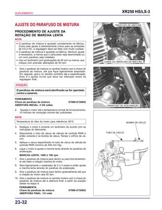 SUPLEMENTO XR250 HS/LS-3
23-32
CHAVE DO PARAFUSO DE MISTURA
PARAFUSO DE ACELERAÇÃO
AJUSTE DO PARAFUSO DE MISTURA
PROCEDIMENTO DE AJUSTE DA
ROTAÇÃO DE MARCHA LENTA
• O parafuso de mistura é ajustado corretamente na fábrica.
Como este ajuste é extremamente crítico para as emissões
de CO e HC, a regulagem deve ser feita com muito cuidado.
• O parafuso de mistura é ajustado na fábrica. Nenhum ajuste
é necessário, a menos que o carburador seja desmontado ou
um novo parafuso seja instalado.
• Use um tacômetro com graduações de 50 rpm ou menos, que
indique com precisão alterações de 50 rpm.
NOTA
1. Gire o parafuso de mistura no sentido horário com a chave do
parafuso de mistura, até que fique ligeiramente assentado.
Em seguida, gire-o no sentido contrário até a especificação.
Este é o ajuste inicial que deve ser efetuado antes da
regulagem final.
ATENÇÃO
O parafuso de mistura será danificado se for apertado
contra o assento.
FERRAMENTA
Chave do parafuso de mistura 07908-4730002
ABERTURA INICIAL: 2 3/8 voltas
2. Aqueça o motor até a temperatura normal de funcionamento.
10 minutos de condução normal são suficientes.
Temperatura do óleo do motor para referência: 60°C
NOTA
3. Desligue o motor e conecte um tacômetro de acordo com as
instruções do fabricante.
4. Desconecte o tubo de vácuo da válvula de controle PAIR e
então conecte-o na bomba de vácuo. Tampe o orifício de vá-
cuo.
5. Aplique o vácuo especificado no tubo de vácuo da válvula de
controle PAIR (mínimo de 450 mm Hg).
6. Ligue o motor e ajuste a marcha lenta através do parafuso de
aceleração.
MARCHA LENTA: 1400 ± 100 rpm
7. Gire o parafuso de mistura para dentro ou para fora lentamen-
te até obter a rotação máxima do motor.
8. Abra ligeiramente o acelerador de 2 a 3 vezes e então ajuste
a marcha lenta através do parafuso de aceleração.
9. Gire o parafuso de mistura para dentro gradualmente até que
a rotação do motor caia 50 rpm.
10. Gire o parafuso de mistura no sentido horário com a chave do
parafuso de mistura até a abertura final, a partir da posição
obtida na etapa 9.
FERRAMENTA
Chave do parafuso de mistura 07908-4730002
ABERTURA FINAL: 1/2 volta
TUBO DE VÁCUO
BOMBA DE VÁCUO
PARAFUSO DE MISTURA
 