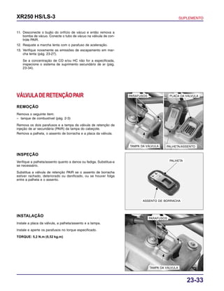 23-33
XR250 HS/LS-3 SUPLEMENTO
PALHETA/ASSENTOTAMPA DA VÁLVULA
PLACA DA VÁLVULAPARAFUSOS
PALHETA
ASSENTO DE BORRACHA
PARAFUSOS
TAMPA DA VÁLVULA
11. Desconecte o bujão do orifício de vácuo e então remova a
bomba de vácuo. Conecte o tubo de vácuo na válvula de con-
trole PAIR.
12. Reajuste a marcha lenta com o parafuso de aceleração.
13. Verifique novamente as emissões de escapamento em mar-
cha lenta (pág. 23-27).
Se a concentração de CO e/ou HC não for a especificada,
inspecione o sistema de suprimento secundário de ar (pág.
23-34).
VÁLVULADERETENÇÃOPAIR
REMOÇÃO
Remova o seguinte item:
– tanque de combustível (pág. 2-3)
Remova os dois parafusos e a tampa da válvula de retenção da
injeção de ar secundária (PAIR) da tampa do cabeçote.
Remova a palheta, o assento de borracha e a placa da válvula.
INSTALAÇÃO
Instale a placa da válvula, a palheta/assento e a tampa.
Instale e aperte os parafusos no torque especificado.
TORQUE: 5,2 N.m (0,52 kg.m)
INSPEÇÃO
Verifique a palheta/assento quanto a danos ou fadiga. Substitua-a
se necessário.
Substitua a válvula de retenção PAIR se o assento de borracha
estiver rachado, deteriorado ou danificado, ou se houver folga
entre a palheta e o assento.
 