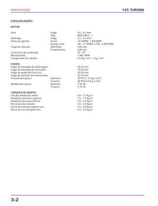 MANUTENÇÃO
3-2
ESPECIFICAÇÕES
MOTOR
Vela Folga 0,6 - 0,7 mm
Tipo NGK D8ES - L
Platinado Folga 0,3 - 0,4 mm
Ponto de ignição Inicial 100
APMS 1.400 RPM
Avanço máx. 380
+ 20
APMS 3.700 - 4.000 RPM
Folga de válvulas Admissão 0,05 mm
Escapamento 0,05 mm
Curso livre do acelerador 10 - 150
Marcha lenta 1.400 RPM
Compressão do cilindro 9.2 Kg / cm2
± 1 kg / cm2
CHASSI
Folga da manopla da embreagem 20-30 mm
Folga da manopla do freio diant. 10-20 mm
Folga do pedal do freio tras. 20-30 mm
Folga da corrente de transmissão 10-15 mm
Pressão dos pneus Dianteiro 25 PSI (1.75 Kg / cm2
)
Traseiro 28 PSI (2.0 K.g / cm2
)
Medida dos pneus Dianteiro 2.50-18
Traseiro 2.75-18
TORQUES DE APERTO
Carcaça direita do motor 0,8 - 1,2 Kg.m
Parafusos da mesa superior 1.0 - 1.4 Kg.m
Parafusos da mesa inferior 2.0 - 2.5 Kg.m
Porca do eixo traseiro 4.0 - 5.0 Kg.m
Porca dos amortecedores tras. 3.0 - 4.0 Kg.m
Porca do eixo do garfo tras. 4.0 - 4.5 Kg.m
125 TURUNA
 