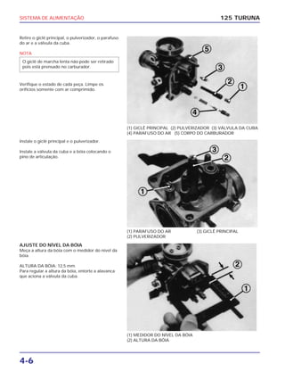 SISTEMA DE ALIMENTAÇÃO
4-6
Retire o giclê principal, o pulverizador, o parafuso
do ar e a válvula da cuba.
NOTA
Verifique o estado de cada peça. Limpe os
orifícios somente com ar comprimido.
O giclê de marcha lenta não pode ser retirado
pois está prensado no carburador.
125 TURUNA
(1) GICLÊ PRINCIPAL (2) PULVERIZADOR (3) VÁLVULA DA CUBA
(4) PARAFUSO DO AR (5) CORPO DO CARBURADOR
(1) PARAFUSO DO AR
(2) PULVERIZADOR
(3) GICLÊ PRINCIPAL
(1) MEDIDOR DO NÍVEL DA BÓIA
(2) ALTURA DA BÓIA
Instale o giclê principal e o pulverizador.
Instale a válvula da cuba e a bóia colocando o
pino de articulação.
AJUSTE DO NÍVEL DA BÓIA
Meça a altura da bóia com o medidor do nível da
bóia.
ALTURA DA BÓIA: 12,5 mm
Para regular a altura da bóia, entorte a alavanca
que aciona a válvula da cuba.
 