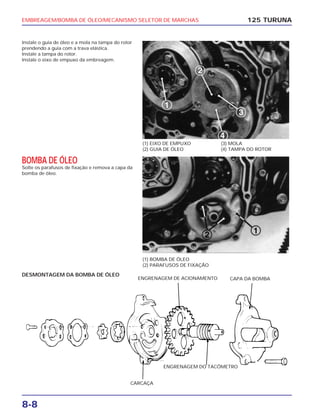 EMBREAGEM/BOMBA DE ÓLEO/MECANISMO SELETOR DE MARCHAS
8-8
Instale o guia de óleo e a mola na tampa do rotor
prendendo a guia com a trava elástica.
Instale a tampa do rotor.
Instale o eixo de empuxo da embreagem.
125 TURUNA
(1) EIXO DE EMPUXO
(2) GUIA DE ÓLEO
(3) MOLA
(4) TAMPA DO ROTOR
(1) BOMBA DE ÓLEO
(2) PARAFUSOS DE FIXAÇÃO
BOMBA DE ÓLEO
Solte os parafusos de fixação e remova a capa da
bomba de óleo.
DESMONTAGEM DA BOMBA DE ÓLEO
CARCAÇA
ENGRENAGEM DE ACIONAMENTO
ENGRENAGEM DO TACÔMETRO
CAPA DA BOMBA
 