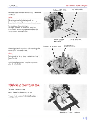 SISTEMA DE ALIMENTAÇÃO
4-5
TURUNA
Remova o giclê principal, pulverizador e a válvula
da agulha.
NOTA
Remova o parafuso da mistura.
Verifique o estado de cada peça, limpe os
orifícios dos giclês e passagens do carburador
somente com ar comprimido.
O giclê de marcha lenta não pode ser
removido pois está prensado no carburador.
PARAFUSO DA
MISTURA
GICLÊ PRINCIPAL
VÁLVULA DA CUBA PULVERIZADOR
Instale o parafuso da mistura, válvula da agulha,
pulverizador e giclê principal.
NOTA
Instale a válvula da cuba e a bóia colocando o
pino de articulação.
Ao montar os giclês tenha cuidado para não
danificá-los.
PARAFUSO DA MISTURA GICLÊ PRINCIPAL
VERIFICAÇÃO DO NÍVEL DA BÓIA
Verifique a altura da bóia.
NÍVEL CORRETO: 14,0 mm ± 1,0 mm
Troque a bóia caso o nível esteja fora das
especificações.
MEDIDOR DO NÍVEL DA BÓIA
 