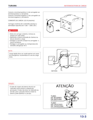BATERIA/SISTEMA DE CARGA
13-3
TURUNA
Conecte o terminal positivo (+) do carregador ao
terminal positivo (+) da bateria.
Conecte o terminal negativo (–) do carregador ao
terminal negativo (–) da bateria.
CORRENTE DE CARGA: 0,25 A (máximo)
Carregue a bateria até o eletrólito alcançar a
densidade específica de 1.260 - 1.280 a 20˚C.
c
NOTA
Carga rápida deve ser usada apenas em casos
de emergência, recomenda-se o uso de carga
lenta
• Antes de carregar a bateria, remova as
tampas de cada célula.
• Mantenha a bateria afastada de chamas ou
faíscas durante a carga.
• Desligue a corrente sempre no carregador e
nunca na bateria.
• Desligue o carregador se a temperatura do
eletrólito ultrapassar 45˚C.
a
• O tubo de respiro da bateria deverá ser
colocado como mostra a etiqueta de
precaução. O tubo não deve ser dobrado ou
torcido, pois a pressão interna criada na
bateria, pode danificar a carcaça.
BATERIA
ATENÇÃO
TUBO
DE RESPIRO
DA BATERIA
TUBO
DE EXCESSO
DE GASOLINA
 