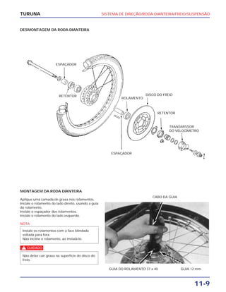 SISTEMA DE DIREÇÃO/RODA DIANTEIRA/FREIO/SUSPENSÃO
11-9
TURUNA
MONTAGEM DA RODA DIANTEIRA
Aplique uma camada de graxa nos rolamentos.
Instale o rolamento do lado direito, usando a guia
do rolamento.
Instale o espaçador dos rolamentos.
Instale o rolamento do lado esquerdo.
NOTA
c
Não deixe cair graxa na superfície do disco do
freio.
Instale os rolamentos com a face blindada
voltada para fora.
Não incline o rolamento, ao instalá-lo.
GUIA DO ROLAMENTO 37 x 40 GUIA 12 mm
CABO DA GUIA
DESMONTAGEM DA RODA DIANTEIRA
ESPAÇADOR
RETENTOR DISCO DO FREIO
ROLAMENTO
ESPAÇADOR
RETENTOR
TRANSMISSOR
DO VELOCÍMETRO
 