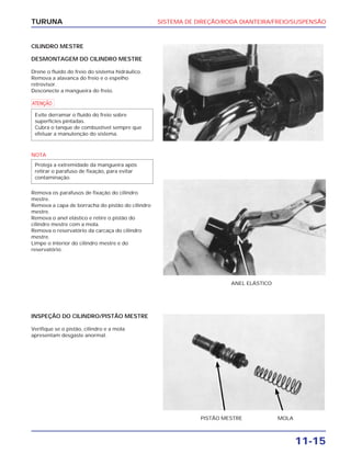 SISTEMA DE DIREÇÃO/RODA DIANTEIRA/FREIO/SUSPENSÃO
11-15
TURUNA
CILINDRO MESTRE
DESMONTAGEM DO CILINDRO MESTRE
Drene o fluído do freio do sistema hidráulico.
Remova a alavanca do freio e o espelho
retrovisor.
Desconecte a mangueira do freio.
a
NOTA
Remova os parafusos de fixação do cilindro
mestre.
Remova a capa de borracha do pistão do cilindro
mestre.
Remova o anel elástico e retire o pistão do
cilindro mestre com a mola.
Remova o reservatório da carcaça do cilindro
mestre.
Limpe o interior do cilindro mestre e do
reservatório.
Proteja a extremidade da mangueira após
retirar o parafuso de fixação, para evitar
contaminação.
Evite derramar o fluído do freio sobre
superfícies pintadas.
Cubra o tanque de combustível sempre que
efetuar a manutenção do sistema.
ANEL ELÁSTICO
INSPEÇÃO DO CILINDRO/PISTÃO MESTRE
Verifique se o pistão, cilindro e a mola
apresentam desgaste anormal.
PISTÃO MESTRE MOLA
 
