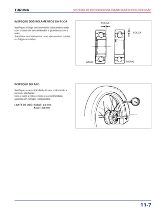 SISTEMA DE DIREÇÃO/RODA DIANTEIRA/FREIO/SUSPENSÃO
11-7
TURUNA
INSPEÇÃO DOS ROLAMENTOS DA RODA
Verifique a folga do rolamento colocando a roda
com o eixo em um alinhador e girando-a com a
mão.
Substitua os rolamentos caso apresentem ruídos
ou folga excessiva.
INSPEÇÃO DO ARO
Verifique a excentricidade do aro, colocando a
roda no alinhador.
Gire-a com a mão e meça a excentricidade
usando um relógio comparador.
LIMITE DE USO: Radial - 2,0 mm
Axial - 2,0 mm
FOLGA
FOLGA
AXIAL RADIAL
 
