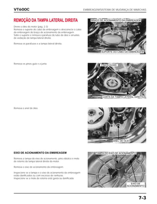 VT600C EMBREAGEM/SISTEMA DE MUDANÇA DE MARCHAS
7-3
REMOÇÃO DA TAMPA LATERAL DIREITA
Drene o óleo do motor (pág. 2-3)
Remova o suporte do cabo da embreagem e desconecte o cabo
da embreagem do braço de acionamento da embreagem.
Solte o suporte e remova o parafuso do tubo de óleo e arruelas
de vedação da tampa lateral direita.
Remova os parafusos e a tampa lateral direita.
Remova os pinos-guia e a junta.
Remova o anel de óleo
EIXO DE ACIONAMENTO DA EMBREAGEM
Remova a tampa do eixo de acionamento, pino elástico e mola
de retorno da tampa lateral direita do motor.
Remova o eixo de acionamento da embreagem.
Inspecione se a tampa e o eixo de acionamento da embreagem
estão danificados ou com excesso de ranhuras.
Inspecione se a mola de retorno está gasta ou danificada.
BRAÇO DE ACIONAMENTO DA EMBREAGEM
SUPORTE DO CABO DA EMBREAGEM
PINOS-GUIAS
JUNTA DA TAMPA LATERAL DIREITA
ANEL DE ÓLEO
TAMPA DO EIXO DE ACIONAMENTO
EIXO DE
ACIONAMENTO
 