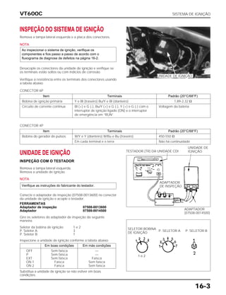 VT600C SISTEMA DE IGNIÇÃO
16-3
INSPEÇÃO DO SISTEMA DE IGNIÇÃO
Remova a tampa lateral esquerda e a placa dos conectores.
NOTA
Desacople os conectores da unidade de ignição e verifique se
os terminais estão soltos ou com indícios de corrosão.
Verifique a resistência entre os terminais dos conectores usando
a tabela abaixo.
Ao inspecionar o sistema de ignição, verifique os
componentes e fios passo a passo de acordo com o
fluxograma de diagnose de defeitos na página 16-2.
Item Terminais Padrão (20°C/68°F)
Bobina de ignição primária Y e Bl (traseiro) Bu/Y e Bl (dianteiro) 1,89-2,32 ⍀
Circuito de corrente contínua Bl (+) e G (-), Bu/Y (+) e G (-), Y (+) e G (-) com o Voltagem da bateria
interruptor de ignição ligado (ON) e o interruptor
de emergência em “RUN”.
UNIDADE DE IGNIÇÃO
INSPEÇÃO COM O TESTADOR
Remova a tampa lateral esquerda.
Remova a unidade de ignição.
NOTA
Conecte o adaptador de inspeção (07508-0013600) no conector
da unidade de ignição e acople o testador.
Verifique as instruções do fabricante do testador.
FERRAMENTAS
Adaptador de inspeção 07508-0013600
Adaptador 07508-0014500
Gire os seletores do adaptador de inspeção da seguinte
maneira:
Seletor da bobina de ignição: 1 e 2
P. Seletor A: 3
P. Seletor B: 1
Inspecione a unidade de ignição conforme a tabela abaixo:
Substitua a unidade de ignição se não estiver em boas
condições.
TESTADOR (TR) DA UNIDADE CDI
ADAPTADOR
DE INSPEÇÃO
SELETOR BOBINA
DE IGNIÇÃO
P. SELETOR A P. SELETOR B
UNIDADE DE IGNIÇÃO
Item Terminais Padrão (20°C/68°F)
Bobina do gerador de pulsos W/Y e Y (dianteiro) W/Bu e Bu (traseiro) 450-550 ⍀
Em cada terminal e o terra Não há continuidade
CONECTOR 6P
CONECTOR 4P
Em boas condições Em más condições
OFF Sem faísca —
P Sem faísca —
EXT Sem faísca Faísca
ON 1 Faísca Sem faísca
ON 2 Faísca Sem faísca
ADAPTADOR
(07508-0014500)
UNIDADE DE
IGNIÇÃO
1 e 2
 