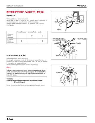 VT600C
16-6
INTERRUPTOR DO CAVALETE LATERAL
INSPEÇÃO
Remova a tampa lateral esquerda.
Desacople o conector verde 3P do cavalete lateral e verifique a
continuidade entre cada terminal conforme abaixo.
Deverá existir continuidade entre os terminais com circulos
interligados.
Verde/Branco Amarelo/Preto Verde
Cavalete
lateral
abaixado
Cavalete
lateral
levantado
REMOÇÃO/INSTALAÇÃO
Remova a tampa lateral esquerda.
Desacople o conector verde 3P do cavalete lateral. Remova o
parafuso de fixação do cavalete lateral, placa de fixação, arruela
e interruptor do cavalete lateral.
Instale o interruptor na ordem inversa da remoção.
NOTA
TORQUE:
Parafuso de fixação do interruptor do cavalete lateral:
9 N.m (0,9 kg.m)
Passe corretamente a fiação do interruptor do cavalete lateral.
Alinhe o pino do interruptor com o furo do cavalete lateral. Alinhe a
ranhura do interruptor com a lingüeta da placa de fixação e o furo
da placa de fixação com o pino de fixação da mola de retorno do
cavalete lateral.
SISTEMA DE IGNIÇÃO
BAIXO
CIMA
ALINHAR
INTERRUPTOR DO
CAVALETE LATERAL
ARRUELA
PLACA
PARAFUSO
 