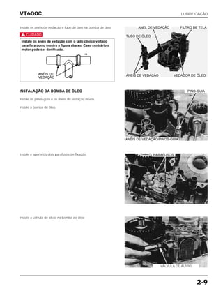 VT600C LUBRIFICAÇÃO
2-9
Instale os anéis de vedação e tubo de óleo na bomba de óleo.
c
Instale os anéis de vedação com o lado cônico voltado
para fora como mostra a figura abaixo. Caso contrário o
motor pode ser danificado.
INSTALAÇÃO DA BOMBA DE ÓLEO
Instale os pinos-guia e os anéis de vedação novos.
Instale a bomba de óleo.
Instale e aperte os dois parafusos de fixação.
Instale a válvula de alívio na bomba de óleo.
ANÉIS DE VEDAÇÃO/PINOS-GUIA
PINO-GUIA
ANEL DE VEDAÇÃO
TUBO DE ÓLEO
ANÉIS DE VEDAÇÃO VEDADOR DE ÓLEO
FILTRO DE TELA
PARAFUSOS
VÁLVULA DE ALÍVIO
ANÉIS DE
VEDAÇÃO
 