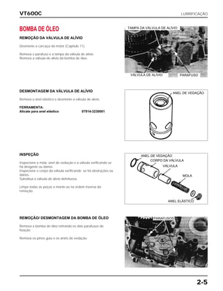 VT600C LUBRIFICAÇÃO
2-5
BOMBA DE ÓLEO
REMOÇÃO DA VÁLVULA DE ALÍVIO
Desmonte a carcaça do motor (Capítulo 11).
Remova o parafuso e a tampa da válvula de alívio.
Remova a válvula de alívio da bomba de óleo.
DESMONTAGEM DA VÁLVULA DE ALÍVIO
Remova o anel elástico e desmonte a válvula de alívio.
FERRAMENTA:
Alicate para anel elástico 07914-3230001
INSPEÇÃO
Inspecione a mola, anel de vedação e a válvula verificando se
há desgaste ou danos.
Inspecione o corpo da válvula verificando se há obstruções ou
danos.
Substitua a válvula de alívio defeituosa.
Limpe todas as peças e monte-as na ordem inversa da
remoção.
REMOÇÃO/ DESMONTAGEM DA BOMBA DE ÓLEO
Remova a bomba de óleo retirando os dois parafusos de
fixação.
Remova os pinos guia e os anéis de vedação.
TAMPA DA VÁLVULA DE ALÍVIO
VÁLVULA DE ALÍVIO
ANEL DE VEDAÇÃO
PARAFUSO
ANEL DE VEDAÇÃO
PARAFUSOS
CORPO DA VÁLVULA
VÁLVULA
MOLA
ANEL ELÁSTICO
 