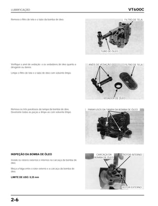 VT600C
2-6
Remova o filtro de tela e o tubo da bomba de óleo.
Verifique o anel de vedação e os vedadores de óleo quanto a
desgaste ou danos.
Limpe o filtro de tela e o tubo de óleo com solvente limpo.
Remova os três parafusos da tampa da bomba de óleo.
Desmonte todas as peças e limpe-as com solvente limpo.
INSPEÇÃO DA BOMBA DE ÓLEO
Instale os rotores externos e internos na carcaça da bomba de
óleo.
Meça a folga entre o rotor externo e a carcaça da bomba de
óleo.
LIMITE DE USO: 0,35 mm
LUBRIFICAÇÃO
TUBO DE ÓLEO
VEDADOR DE ÓLEO
ANÉIS DE VEDAÇÃO FILTRO DE TELA
PARAFUSOS DA TAMPA DA BOMBA DE ÓLEO
ROTOR INTERNOCARCAÇA DA
BOMBA DE ÓLEO
ROTOR EXTERNO
FILTRO DE TELA
 