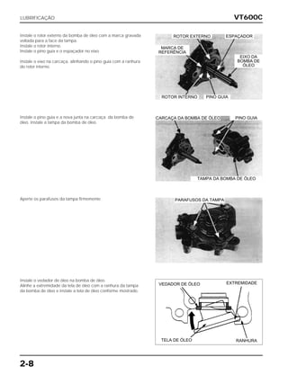 VT600C
2-8
Instale o rotor externo da bomba de óleo com a marca gravada
voltada para a face da tampa.
Instale o rotor interno.
Instale o pino guia e o espaçador no eixo.
Instale o eixo na carcaça, alinhando o pino guia com a ranhura
do rotor interno.
Instale o pino guia e a nova junta na carcaça da bomba de
óleo. Instale a tampa da bomba de óleo.
Aperte os parafusos da tampa firmemente.
LUBRIFICAÇÃO
ROTOR EXTERNO ESPAÇADOR
EIXO DA
BOMBA DE
ÓLEO
MARCA DE
REFERÊNCIA
ROTOR INTERNO PINO GUIA
PINO GUIACARCAÇA DA BOMBA DE ÓLEO
TAMPA DA BOMBA DE ÓLEO
PARAFUSOS DA TAMPA
Instale o vedador de óleo na bomba de óleo.
Alinhe a extremidade da tela de óleo com a ranhura da tampa
da bomba de óleo e instale a tela de óleo conforme mostrado.
TELA DE ÓLEO
VEDADOR DE ÓLEO EXTREMIDADE
RANHURA
 
