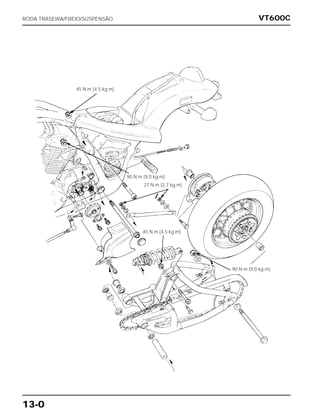 VT600CRODA TRASEIRA/FREIO/SUSPENSÃO
13-0
45 N.m (4,5 kg.m)
90 N.m (9,0 kg.m)
27 N.m (2,7 kg.m)
90 N.m (9,0 kg.m)
45 N.m (4,5 kg.m)
 
