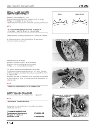 VT600C
13-4
COROA/ FLANGE DA COROA
DESMONTAGEM/ INSPEÇÃO
Remova a roda traseira (pág. 13-3).
Remova as porcas de fixação e separe a coroa da flange.
Verifique as condições de uso da coroa.
Substitua a coroa se os dentes estiverem gastos ou danificados.
NOTA
Substitua coroa, corrente de transmissão e pinhão em conjunto.
Se a flange da coroa estiver fora do limite de uso poderá
ocasionar avarias ao conjunto.
Se a coroa estiver gasta ou danificada, a corrente de
transmissão e o pinhão devem ser inspecionados.
Remova os coxins da flange.
Remova a bucha e o retentor de pó da flange.
Remova o rolamento da flange, se necessário.
Verifique se os coxins estão deteriorados,
Gire a pista interna de cada rolamento com o dedo.
Os rolamentos deverão girar livremente e sem ruído. Verifique
também se a pista externa do rolamento se encaixa firmemente
no cubo da roda.
Remova e descarte os rolamentos se as pistas não girarem livre
ou silenciosamente, ou se os rolamentos não se encaixarem no
cubo da roda.
NOTA
Substitua os rolamentos do cubo da roda em pares.
SUBSTITUIÇÃO DO ROLAMENTO
Remova os rolamentos da roda traseira e o espaçador
NOTA
Sempre que os rolamentos forem removidos deverão ser
substituidos por novos.
FERRAMENTAS ESPECIAIS
Eixo do extrator do rolamento 07746-0050100
Cabeçote do extrator de
rolamento, 17 mm 07746-0050500
Nunca instale rolamentos usados.
RODA TRASEIRA/FREIO/SUSPENSÃO
BOM SUBSTITUIR
ROLAMENTO
CABEÇOTE DO EXTRATOR
DE ROLAMENTO
EIXO DO EXTRATOR
DE ROLAMENTOS
BUCHA
FLANGE DA COROA
 