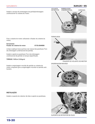 SUPLEMENTO
19-30
Instale a carcaça da embreagem de partida/embreagem
unidirecional no volante do motor.
Instale a engrenagem movida de partida no volante do
motor, enquanto gira a engrenagem movida no sentido anti-
horário.
INSTALAÇÃO
Instale o suporte do retentor de óleo e aperte os parafusos.
Fixe o volante do motor utilizando o fixador do volante do
motor.
Ferramenta:
Fixador do volante do motor 07725-0040000
Limpe e aplique trava química nas roscas dos parafusos Torx
da embreagem unidirecional de partida.
Instale e aperte os parafusos Torx da embreagem
unidirecional de partida no torque especificado.
TORQUE: 16 N.m (1,6 kg.m)
XLR125 • ES
VOLANTE EMBREAGEM
DO MOTOR UNIDIRECIONAL CARCAÇA
ENGRENAGEM MOVIDA
SUPORTE DO RETENTOR DE ÓLEO
FIXADOR DO VOLANTE DO MOTOR
PARAFUSOS
TRAVA
 