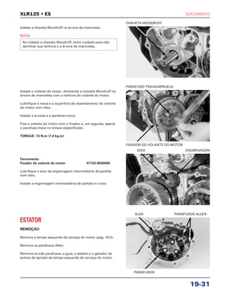 SUPLEMENTO
19-31
Instale a chaveta Woodruff na árvore de manivelas.
NOTA
Ao instalar a chaveta Woodruff, tome cuidado para não
danificar sua ranhura e a árvore de manivelas.
Ferramenta:
Fixador do volante do motor 07725-0040000
Lubrifique o eixo da engrenagem intermediária de partida
com óleo.
Instale a engrenagem intermediária de partida e o eixo.
ESTATOR
REMOÇÃO
Remova a tampa esquerda da carcaça do motor (pág. 10-2).
Remova os parafusos Allen.
Remova os três parafusos, a guia, o estator e o gerador de
pulsos da ignição da tampa esquerda da carcaça do motor.
Instale o volante do motor, alinhando a chaveta Woodruff na
árvore de manivelas com a ranhura do volante do motor.
Lubrifique a rosca e a superfície de assentamento do volante
do motor com óleo.
Instale a arruela e o parafuso-trava.
Fixe o volante do motor com o fixador e, em seguida, aperte
o parafuso-trava no torque especificado.
TORQUE: 74 N.m (7,4 kg.m)
XLR125 • ES
CHAVETA WOODRUFF
EIXO ENGRENAGEM
PARAFUSOS
GUIA PARAFUSOS ALLEN
FIXADOR DO VOLANTE DO MOTOR
PARAFUSO-TRAVA/ARRUELA
ÓLEO
ÓLEO
 