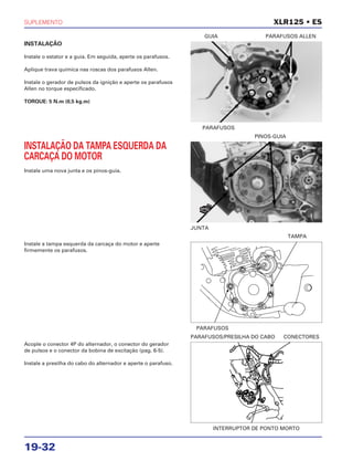 SUPLEMENTO
19-32
INSTALAÇÃO
Instale o estator e a guia. Em seguida, aperte os parafusos.
Aplique trava química nas roscas dos parafusos Allen.
Instale o gerador de pulsos da ignição e aperte os parafusos
Allen no torque especificado.
TORQUE: 5 N.m (0,5 kg.m)
Instale a tampa esquerda da carcaça do motor e aperte
firmemente os parafusos.
Acople o conector 4P do alternador, o conector do gerador
de pulsos e o conector da bobina de excitação (pag. 6-5).
Instale a presilha do cabo do alternador e aperte o parafuso.
INSTALAÇÃO DA TAMPA ESQUERDA DA
CARCAÇA DO MOTOR
Instale uma nova junta e os pinos-guia.
XLR125 • ES
PARAFUSOS
GUIA PARAFUSOS ALLEN
PARAFUSOS
INTERRUPTOR DE PONTO MORTO
PARAFUSOS/PRESILHA DO CABO CONECTORES
TAMPA
JUNTA
PINOS-GUIA
NOVA
 