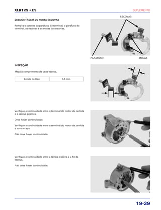 SUPLEMENTO
19-39
XLR125 • ES
DESMONTAGEM DO PORTA-ESCOVAS
Remova o batente do parafuso do terminal, o parafuso do
terminal, as escovas e as molas das escovas.
PARAFUSO MOLAS
ESCOVAS
Verifique a continuidade entre o terminal do motor de partida
e a escova positiva.
Deve haver continuidade.
Verifique a continuidade entre o terminal do motor de partida
e sua carcaça.
Não deve haver continuidade.
Verifique a continuidade entre a tampa traseira e o fio da
escova.
Não deve haver continuidade.
INSPEÇÃO
Meça o comprimento de cada escova.
Limite de Uso 3,5 mm
 