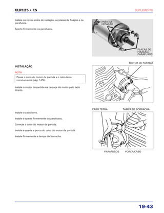 SUPLEMENTO
19-43
XLR125 • ES
Instale os novos anéis de vedação, as placas de fixação e os
parafusos.
Aperte firmemente os parafusos.
Instale o cabo terra.
Instale e aperte firmemente os parafusos.
Conecte o cabo do motor de partida.
Instale e aperte a porca do cabo do motor de partida.
Instale firmemente a tampa de borracha.
PARAFUSOS PORCA/CABO
CABO TERRA TAMPA DE BORRACHA
INSTALAÇÃO
NOTA
Instale o motor de partida na carcaça do motor pelo lado
direito.
Passe o cabo do motor de partida e o cabo terra
corretamente (pág. 1-25).
MOTOR DE PARTIDA
ANÉIS DE
VEDAÇÃO
PLACAS DE
FIXAÇÃO/
PARAFUSOS
NOVO
 
