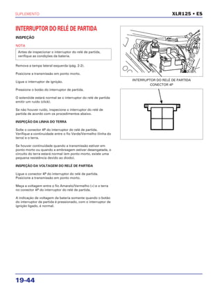 SUPLEMENTO
19-44
XLR125 • ES
INTERRUPTOR DO RELÉ DE PARTIDA
INSPEÇÃO
NOTA
Remova a tampa lateral esquerda (pág. 2-2).
Posicione a transmissão em ponto morto.
Ligue o interruptor de ignição.
Pressione o botão do interruptor de partida.
O solenóide estará normal se o interruptor do relé de partida
emitir um ruído (click).
Se não houver ruído, inspecione o interruptor do relé de
partida de acordo com os procedimentos abaixo.
INSPEÇÃO DA LINHA DO TERRA
Solte o conector 4P do interruptor do relé de partida.
Verifique a continuidade entre o fio Verde/Vermelho (linha do
terra) e o terra.
Se houver continuidade quando a transmissão estiver em
ponto morto ou quando a embreagem estiver desengatada, o
circuito do terra estará normal (em ponto morto, existe uma
pequena resistência devido ao diodo).
INSPEÇÃO DA VOLTAGEM DO RELÉ DE PARTIDA
Ligue o conector 4P do interruptor do relé de partida.
Posicione a transmissão em ponto morto.
Meça a voltagem entre o fio Amarelo/Vermelho (+) e o terra
no conector 4P do interruptor do relé de partida.
A indicação de voltagem da bateria somente quando o botão
do interruptor de partida é pressionado, com o interruptor de
ignição ligado, é normal.
Antes de inspecionar o interruptor do relé de partida,
verifique as condições da bateria.
INTERRUPTOR DO RELÉ DE PARTIDA
CONECTOR 4P
 