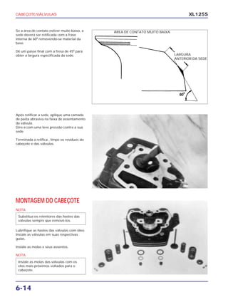 CABEÇOTE/VÁLVULAS
6-14
XL125S
Se a área de contato estiver muito baixa, a
sede deverá ser retificada com a frase
interna de 600
removendo-se material da
base.
Dê um passe final com a fresa de 450
para
obter a largura especificada da sede.
Após retificar a sede, aplique uma camada
de pasta abrasiva na faixa de assentamento
da válvula.
Gire-a com uma leve pressão contra a sua
sede.
Terminada a retífica , limpe os resíduos do
cabeçote e das válvulas.
MONTAGEM DO CABEÇOTE
NOTA
Lubrifique as hastes das válvulas com óleo.
Instale as válvulas em suas respectivas
guias.
Instale as molas e seus assentos.
NOTA
Instale as molas das válvulas com os
elos mais próximos voltados para o
cabeçote.
Substitua os retentores das hastes das
válvulas sempre que removê-los.
LARGURA
ANTERIOR DA SEDE
ÁREA DE CONTATO MUITO BAIXA
 