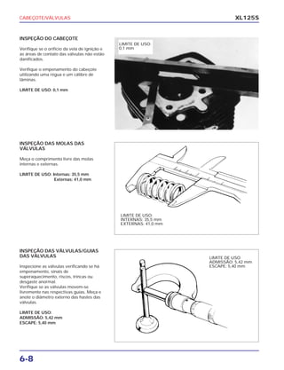 CABEÇOTE/VÁLVULAS
6-8
XL125S
INSPEÇÃO DO CABEÇOTE
Verifique se o orifício da vela de ignição e
as áreas de contato das válvulas não estão
danificados.
Verifique o empenamento do cabeçote
utilizando uma régua e um cálibre de
lâminas.
LIMITE DE USO: 0,1 mm
INSPEÇÃO DAS MOLAS DAS
VÁLVULAS
Meça o comprimento livre das molas
internas e externas.
LIMITE DE USO: Internas: 35,5 mm
Externas: 41,0 mm
INSPEÇÃO DAS VÁLVULAS/GUIAS
DAS VÁLVULAS
Inspecione as válvulas verificando se há
empenamento, sinais de
superaquecimento, riscos, trincas ou
desgaste anormal.
Verifique se as válvulas movem-se
livremente nas respectivas guias. Meça e
anote o diâmetro externo das hastes das
válvulas.
LIMITE DE USO:
ADMISSÃO: 5,42 mm
ESCAPE: 5,40 mm
LIMITE DE USO:
0,1 mm
LIMITE DE USO:
INTERNAS: 35,5 mm
EXTERNAS: 41,0 mm
LIMITE DE USO
ADMISSÃO: 5,42 mm
ESCAPE: 5,40 mm
 