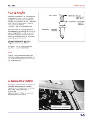 MANUTENÇÃO
3-5
XL125S
VELA DE IGNIÇÃO
Desconecte o supressor de ruídos da vela
de ignição e remova a vela com a chave
apropriada. Inspecione os eletrodos para
verificar suas condições de uso. O eletrodo
central deve ter cantos vivos e o lateral
uma espessura uniforme.
Substitua a vela se estiver danificada.
Se os depósitos de carvão puderem ser
removidos com jato de areia ou escova de
aço, a vela poderá ser usada novamente.
Verifique a folga dos eletrodos com um
cálibre de lâminas e ajuste, se necessário,
dobrando o eletrodo lateral.
VELA RECOMENDADA: NGK D8EA
Folga dos eletrodos: 0,6-0,7 mm
Verifique o anel de vedação da vela e
substitua-a se estiver danificado.
NOTA
Instale a vela manualmente até que o
anel de vedação encoste no cilindro. Dê
o aperto final com a chave de velas. (F.E.
n.º 07609-0010200).
ALAVANCA DO AFOGADOR
Verifique o funcionamento da alavanca do
afogador. A alavanca deve funcionar
suavemente. Se a alavanca se mover com
dificuldade, limpe e lubrifique as
articulações.
Após a limpeza, verifique novamente o
funcionamento da alavanca.
VERIFIQUE: QUEBRAS
TRINCAS
ALAVANCA DO AFOGADOR
VERIFIQUE: FOLGA
DEPÓSITOS
DESGASTE
VERIFIQUE: DANOS NO
ANEL DE
VEDAÇÃO
0.6 - 0.7 mm
 
