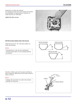 CABEÇOTE/VÁLVULAS
6-12
XLX250R
Inspecione as sedes das válvulas.
Se a largura da sede não estiver dentro dos limites
recomendados ou apresentarem ranhuras, as
sedes deverão ser retificadas.
LIMITE DE USO: 2,0 mm
RETÍFICA DAS SEDES DAS VÁLVULAS
Utilize fresas de 32o
, 45o
e 60o
para retificar as
sedes das válvulas.
NOTA
Recomenda-se o uso de uma retificadora
mecânica para obter-se uma vedação perfeita
da válvula.
Durante a retífica, gire as fresas para a direita ou
para a esquerda, aplicando uma pressão uniforme
sobre as fresas.
NOTA
Aplique óleo de motor nas sedes das válvulas
quando for retificá-las.
FRESA INTERNA FRESA PLANA
FRESA DA SEDE
4-5 kg
FRESA
PORTA-FRESA
 