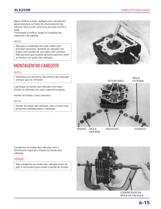 CABEÇOTE/VÁLVULAS
6-15
XLX250R
Após retificar a sede, aplique uma camada de
pasta abrasiva na faixa de assentamento da
válvula. Gire-a com uma leve pressão contra a
sede.
Terminada a retífica, limpe os resíduos do
cabeçote e da válvula.
NOTA
MONTAGEM DO CABEÇOTE
NOTA
Lubrifique as hastes das válvulas com óleo.
Instale as válvulas em suas respectivas guias.
Instale as molas e seus assentos.
NOTA
Instale as molas das válvulas com os elos mais
próximos voltados para o cabeçote.
Substitua os retentores das hastes das válvulas
sempre que os remover.
Não gire as válvulas em suas sedes com
pressão excessiva. Assente as válvulas nas
sedes com auxílio de um cabo com ventosa.
Não permita que a pasta abrasiva penetre entre
as hastes e as guias das válvulas.
TRAVAS MOLA
INTERNA
VÁLVULAS ASSENTO
RETENTORES
MOLA
EXTERNA
Comprima as molas das válvulas com a
ferramenta especial e instale as travas das
válvulas.
a
Não comprima as molas das válvulas mais do
que o necessário para evitar a perda de tensão.
COMPRESSOR DA
MOLA DA VÁLVULA
 
