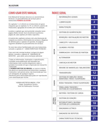SISTEMA DE ALIMENTAÇÃO
DIAGNOSE DE DEFEITOS
DIAGRAMA ELÉTRICO
INTERRUPTORES / BUZINA /
SISTEMA DE ILUMINAÇÃO
SISTEMA DE IGNIÇÃO
BATERIA / SISTEMA DE CARGA
PÁRA-LAMA TRASEIRO /
SISTEMA DE ESCAPAMENTO
RODA TRASEIRA / FREIO/ SUSPENSÃO
SISTEMA DE DIREÇÃO / RODA
DIANTEIRA / FREIO / SUSPENSÃO
TRANSMISSÃO
ÁRVORE DE MANIVELAS / BALANCEIRO
CARCAÇA DO MOTOR
ALTERNADOR
EMBREAGEM / SISTEMA DE PARTIDA
CILINDRO / PISTÃO
CABEÇOTE / VÁLVULAS
REMOÇÃO / INSTALAÇÃO DO MOTOR
MANUTENÇÃO
LUBRIFICAÇÃO
INFORMAÇÕES GERAIS 1
XLX250R
COMO USAR ESTE MANUAL
Este Manual de Serviços descreve as características
técnicas e os procedimentos de serviços para a
motocicleta HONDA XLX250R.
Os capítulos 1 a 3 referem-se à motocicleta em geral,
enquanto que os capítulos 4 a 19, se referem a partes da
motocicleta, agrupadas de acordo com a localização.
Localize o capítulo que você pretende consultar nesta
página (Índice Geral). Você encontrará na primeira
página de cada capítulo um índice específico.
A maioria dos capítulos começa com uma ilustração do
conjunto ou sistema, informações de serviços e diagnose
de defeitos para o capítulo em questão. As páginas
seguintes detalham os procedimentos de serviços.
Se você não estiver familiarizado com esta motocicleta,
consulte o capítulo 21 ``CARACTERÍSTICAS TÉCNICAS``.
Caso você não consiga localizar a origem de algum
defeito, consulte o capítulo 20 ``DIAGNOSE DE
DEFEITOS``, para obter uma orientação adicional.
HONDA MOTOR DO BRASIL LTDA.
Depto. Assistência Técnica
Setor de Publicações Técnicas
Todas as informações, ilustrações e especificações
incluídas nesta publicação são baseadas nas
informações mais recentes disponíveis sobre o
produto na ocasião em que a impressão do manual foi
autorizada.
A HONDA MOTOR DO BRASIL se reserva o direito
de alterar as características da motocicleta a qualquer
momento e sem prévio aviso, não incorrendo por isso
em obrigações de qualquer espécie.
Nenhuma parte desta publicação pode ser reproduzida
sem autorização por escrito.
ÍNDICE GERAL
2
3
4
5
6
7
8
9
10
11
12
13
14
15
16
17
18
19
20
CARACTERÍSTICAS TÉCNICAS 21
SISTEMA
ELÉTRICO
CHASSIMOTOR
 
