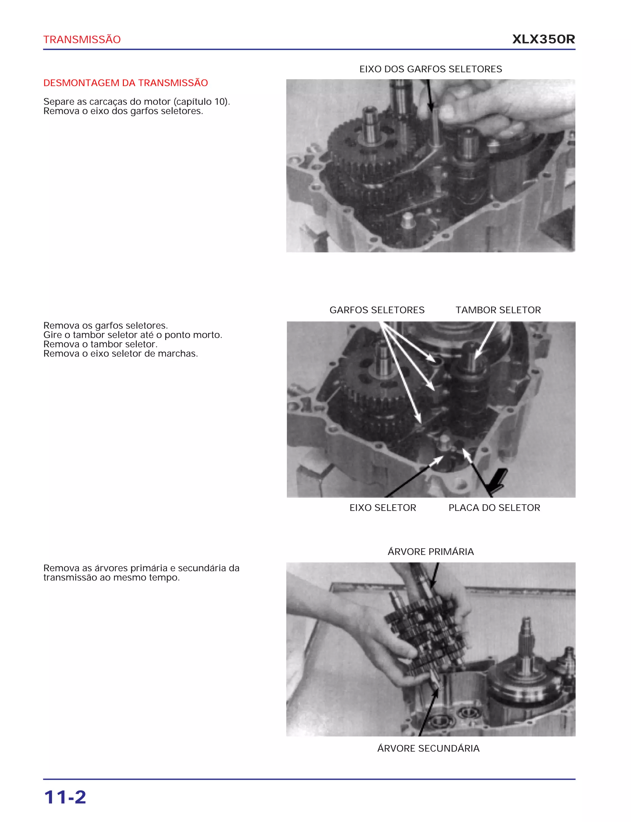 TRANSMISSÃO
11-2
XLX350R
DESMONTAGEM DA TRANSMISSÃO
Separe as carcaças do motor (capítulo 10).
Remova o eixo dos garfos seletores.
Remova os garfos seletores.
Gire o tambor seletor até o ponto morto.
Remova o tambor seletor.
Remova o eixo seletor de marchas.
Remova as árvores primária e secundária da
transmissão ao mesmo tempo.
TAMBOR SELETORGARFOS SELETORES
PLACA DO SELETOREIXO SELETOR
ÁRVORE PRIMÁRIA
EIXO DOS GARFOS SELETORES
ÁRVORE SECUNDÁRIA
 