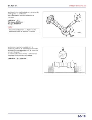 CABEÇOTE/VALVULAS
20-19
XLX350R
Verifique se os ressaltos da árvore de comando
estão gastos ou danificados.
Meça a altura dos ressaltos da árvore de
comando.
LIMITE DE USO:
Admissão: 30-37 mm
Escape: 30-38 mm
Verifique o empenamento da árvore de
comando por meio de um relógio comparador.
Apóie as extremidades da árvore de comando
em dois blocos em V.
O valor real do empenamento é a metade do
total indicado no relógio comparador.
LIMITE DE USO: 0,04 mm
NOTA
Inspecione os balancins se algum ressalto
apresentar danos ou desgaste excessivo.
 