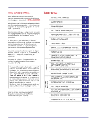 1INFORMAÇÕES GERAIS
2LUBRIFICAÇÃO
3MANUTENÇÃO
4SISTEMA DE ALIMENTAÇÃO
5REMOÇÃO/INSTALAÇÃO DO MOTOR
6CABEÇOTE/VÁLVULAS
7CILINDRO/PISTÃO
8EMBREAGEM/SISTEMA DE PARTIDA
9ALTERNADOR
10CARCAÇA DO MOTOR/ÁRVORE DE
MANIVELAS/BALANCEIRO
11TRANSMISSÃO
12RODA DIANTEIRA/SUSPENSÃO/
SISTEMA DE DIREÇÃO
13RODA TRASEIRA/FREIO/SUSPENSÃO
14FREIO HIDRÁULICO A DISCO
15PARALAMA TRASEIRO/SISTEMA DE
ESCAPAMENTO
16BATERIA/SISTEMA DE CARGA
17SISTEMA DE IGNIÇÃO
18
19
20
INTERRUPTORES/BUZINAS/SISTEMA DE
ILUMINAÇÃO
DIAGNOSE DE DEFEITOS
SUPLEMENTO XLX350R ‘89 - ‘90
ÍNDICE GERAL
SISTEMA
ELÉTRICO
CHASSIMOTOR
COMO USAR ESTE MANUAL
Este Manual de Serviços descreve as
características técnicas e os procedimentos de
serviços para a Motocicleta HONDA XLX350R.
Os capítulos 1 a 3 referem-se à motocicleta em
geral, enquanto os capítulos 4 a 18, referem-se
às partes da motocicleta, agrupadas de acordo
com a localização.
Localize o capítulo que você pretende consultar
nesta página (Índice Geral). Na primeira página
do capítulo você encontrará um índice
especifico.
A maioria dos capítulos começa com uma
ilustração do conjunto ou sistema, informações
de serviços e diagnose de defeitos para o
capítulo em questão. As páginas seguintes
detalham os procedimentos de serviços.
Caso não consiga localizar a origem de algum
defeito, consulte o capítulo 19, “DIAGNOSE DE
DEFEITOS”, para obter uma orientação
adicional.
Consulte no capítulo 20 as informações de
serviço complementares referentes aos
modelos ‘89 e ‘90.
MOTO HONDA DA AMAZÔNIA LTDA.
Departamento de Assistência Técnica
Setor de Publicações Técnicas
Todas as informações, ilustrações e especif-
ícações incluídas nesta publicação são
baseadas nas informações mais recentes
disponíveis sobre o produto na ocasião em
que a impressão do manual foi autorizada.
A MOTO HONDA DA AMAZÔNIA se
reserva o direito de alterar as características
da motocicleta a qualquer momento e sem
prévio aviso, não incorrendo por isso em
obrigações de qualquer espécie.
Nenhuma parte desta publicação pode ser
reproduzida sem autorização por escrito.
 