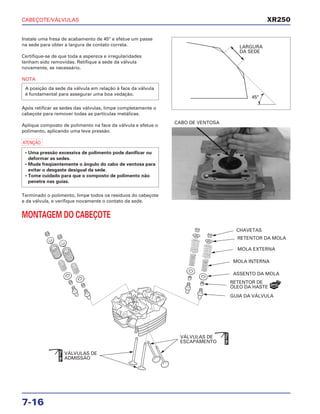 CABEÇOTE/VÁLVULAS
7-16
Instale uma fresa de acabamento de 45° e efetue um passe
na sede para obter a largura de contato correta.
Certifique-se de que toda a aspereza e irregularidades
tenham sido removidas. Retifique a sede da válvula
novamente, se necessário.
NOTA
Após retificar as sedes das válvulas, limpe completamente o
cabeçote para remover todas as partículas metálicas.
Aplique composto de polimento na face da válvula e efetue o
polimento, aplicando uma leve pressão.
a
Terminado o polimento, limpe todos os resíduos do cabeçote
e da válvula, e verifique novamente o contato da sede.
MONTAGEM DO CABEÇOTE
• Uma pressão excessiva de polimento pode danificar ou
deformar as sedes.
• Mude freqüentemente o ângulo do cabo de ventosa para
evitar o desgaste desigual da sede.
• Tome cuidado para que o composto de polimento não
penetre nas guias.
A posição da sede da válvula em relação à face da válvula
é fundamental para assegurar uma boa vedação.
CABO DE VENTOSA
XR250
LARGURA
DA SEDE
45°
CHAVETAS
RETENTOR DA MOLA
MOLA EXTERNA
MOLA INTERNA
ASSENTO DA MOLA
RETENTOR DE
ÓLEO DA HASTE
GUIA DA VÁLVULA
VÁLVULAS DE
ESCAPAMENTO
VÁLVULAS DE
ADMISSÃO
NOVO
ÓleoMo
ÓleoMo
 