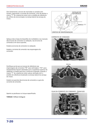 CABEÇOTE/VÁLVULAS
7-20
Gire lentamente a árvore de manivelas no sentido anti-
horário, segurando a corrente de comando, a fim de alinhar a
marca “T” do volante do motor com o entalhe de referência
do orifício de sincronização na tampa lateral da carcaça do
motor.
Certifique-se de que as marcas de referência nas
engrenagens de comando (“IN” para admissão e “EX” para
escapamento) fiquem alinhadas com a superfície superior do
cabeçote e virados para fora, conforme mostrado, quando a
marca “T” do volante do motor estiver alinhada com o
entalhe de referência localizado na tampa lateral da carcaça
do motor.
Instale os suportes das árvores de comando e a guia da
corrente de comando.
Alinhe
Aperte os parafusos no torque especificado.
TORQUE: 12 N.m (1,2 kg.m)
GUIA DA CORRENTE DE COMANDO PARAFUSO
Aplique óleo à base de bissulfeto de molibdênio nos mancais
das árvores de comando no cabeçote, nas árvores de
comando e em seus suportes.
Instale as árvores de comando no cabeçote.
Instale a corrente de comando nas engrenagens de
comando.
CORRENTE DE COMANDO
XR250
ENTALHE DE
REFERÊNCIA
MARCA “T”
ORIFÍCIO DE SINCRONIZAÇÃO
ÓleoMo
 