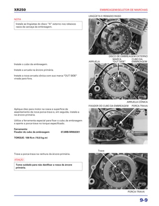 EMBREAGEM/SELETOR DE MARCHAS
9-9
XR250
NOTA
Instale as lingüetas do disco “A” externo nos rebaixos
rasos da carcaça da embreagem.
Aplique óleo para motor na rosca e superfície de
assentamento da nova porca-trava e, em seguida, instale-a
na árvore primária.
Utilize a ferramenta especial para fixar o cubo da embreagem
e aperte a porca-trava no torque especificado.
Ferramenta:
Fixador do cubo da embreagem 07JMB-MN50301
TORQUE: 108 N.m (10,8 kg.m)
Trave a porca-trava na ranhura da árvore primária.
a
Tome cuidado para não danificar a rosca da árvore
primária.
Instale o cubo da embreagem.
Instale a arruela na árvore primária.
Instale a nova arruela cônica com sua marca "OUT SIDE"
virada para fora.
DISCO DE EMBREAGEM EXTERNO
LINGÜETA E REBAIXO RASO
FIXADOR DO CUBO DA EMBREAGEM PORCA-TRAVA
PORCA-TRAVA
Trave
ARRUELA CÔNICA
MARCA CUBO DA
ARRUELA "OUT SIDE" EMBREAGEM
ÓLEO
NOVA
NOVA
 