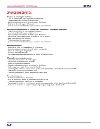 EMBREAGEM/SELETOR DE MARCHAS
9-2
DIAGNOSE DE DEFEITOS
Alavanca da embreagem muito dura
• Cabo da embreagem sujo, engripado ou danificado
• Passagem incorreta do cabo da embreagem
• Mecanismo de acionamento da embreagem danificado
• Rolamento da embreagem defeituoso
• Guia de acionamento da embreagem instalada incorretamente
A embreagem não desacopla ou a motocicleta trepida com a embreagem desacoplada
• Folga livre excessiva da alavanca da embreagem
• Separadores da embreagem empenados
• Mecanismo de acionamento da embreagem defeituoso
• Viscosidade inadequada do óleo do motor ou uso de aditivo
• Nível muito alto do óleo do motor
• Porca-trava da embreagem solta
• Guia de acionamento da embreagem instalada incorretamente
A embreagem patina
• Ausência de folga livre da alavanca da embreagem
• Mecanismo de acionamento da embreagem engripando
• Discos da embreagem desgastados
• Molas da embreagem fracas
• Uso de aditivo à base de molibdênio ou grafite no óleo do motor
Dificuldade na mudança de marchas
• Funcionamento incorreto da embreagem
• Viscosidade incorreta do óleo do motor
• Ajuste incorreto da embreagem
• Eixo de mudança de marchas empenado ou danificado
• Excêntrico posicionador de marchas danificado
• Eixo dos garfos seletores empenado ou garfos seletores e tambor seletor danificados (Capítulo 11)
• Parafuso do excêntrico posicionador solto
• Excêntrico posicionador e pino posicionador danificados
As marchas escapam
• Posicionador de marchas danificado
• Mola de retorno do seletor de marchas quebrada ou fraca
• Excêntrico posicionador danificado ou desgastado
• Eixo dos garfos seletores empenado ou garfos seletores e tambor seletor danificados (Capítulo 11)
• Ranhuras ou ressaltos de acoplamento da engrenagem desgastados (Capítulo 11)
XR250
 