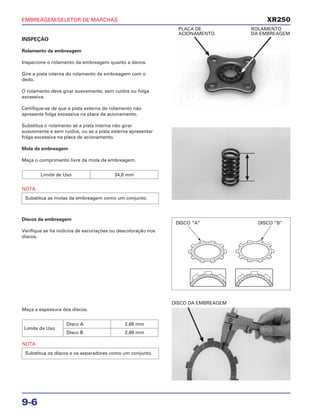 EMBREAGEM/SELETOR DE MARCHAS
9-6
INSPEÇÃO
Rolamento da embreagem
Inspecione o rolamento da embreagem quanto a danos.
Gire a pista interna do rolamento da embreagem com o
dedo.
O rolamento deve girar suavemente, sem ruídos ou folga
excessiva.
Certifique-se de que a pista externa do rolamento não
apresente folga excessiva na placa de acionamento.
Substitua o rolamento se a pista interna não girar
suavemente e sem ruídos, ou se a pista externa apresentar
folga excessiva na placa de acionamento.
Mola da embreagem
Meça o comprimento livre da mola da embreagem.
NOTA
Substitua as molas da embreagem como um conjunto.
Limite de Uso 34,8 mm
PLACA DE ROLAMENTO
ACIONAMENTO DA EMBREAGEM
Discos da embreagem
Verifique se há indícios de escoriações ou descoloração nos
discos.
Meça a espessura dos discos.
NOTA
Substitua os discos e os separadores como um conjunto.
Limite de Uso
Disco A 2,69 mm
Disco B 2,69 mm
DISCO DA EMBREAGEM
XR250
DISCO “A” DISCO “B”
 