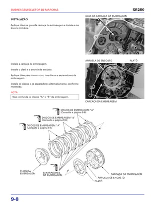 EMBREAGEM/SELETOR DE MARCHAS
9-8
INSTALAÇÃO
Aplique óleo na guia da carcaça da embreagem e instale-a na
árvore primária.
GUIA DA CARCAÇA DA EMBREAGEM
Instale a carcaça da embreagem.
Instale o platô e a arruela de encosto.
Aplique óleo para motor novo nos discos e separadores da
embreagem.
Instale os discos e os separadores alternadamente, conforme
mostrado.
NOTA
Não confunda os discos “A” e “B” da embreagem.
CARCAÇA DA EMBREAGEM
ARRUELA DE ENCOSTO PLATÔ
XR250
DISCOS DE EMBREAGEM “A”
(Consulte a página 9-6)
DISCOS DE EMBREAGEM “B”
(Consulte a página 9-6)
DISCOS DE EMBREAGEM “A”
(Consulte a página 9-6)
CUBO DA
EMBREAGEM SEPARADORES
DA EMBREAGEM CARCAÇA DA EMBREAGEM
ARRUELA DE ENCOSTO
PLATÔ
ÓLEO
ÓLEO
ÓLEO
ÓLEO
ÓLEO
 