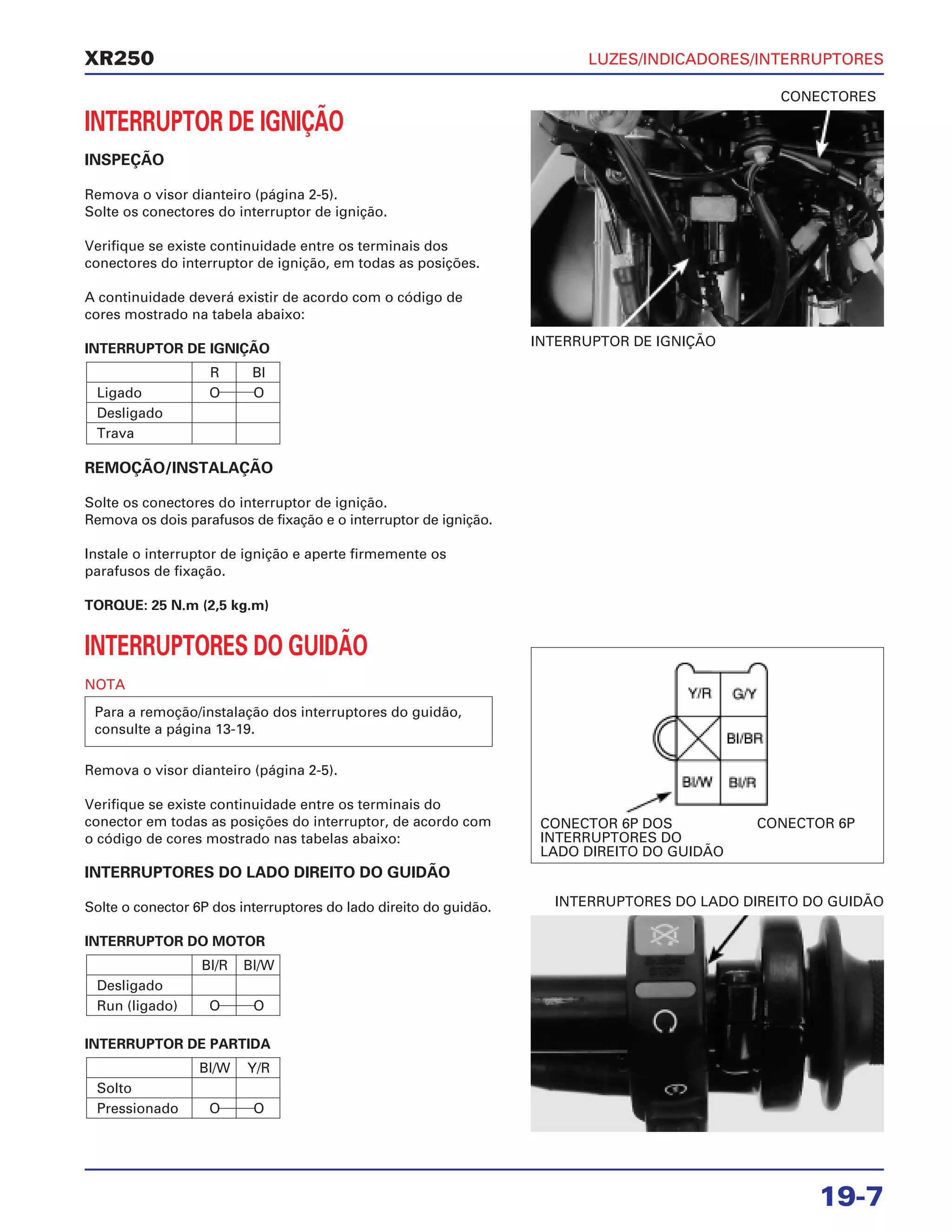 LUZES/INDICADORES/INTERRUPTORES
19-7
XR250
INTERRUPTOR DE IGNIÇÃO
INSPEÇÃO
Remova o visor dianteiro (página 2-5).
Solte os conectores do interruptor de ignição.
Verifique se existe continuidade entre os terminais dos
conectores do interruptor de ignição, em todas as posições.
A continuidade deverá existir de acordo com o código de
cores mostrado na tabela abaixo:
INTERRUPTOR DE IGNIÇÃO
REMOÇÃO/INSTALAÇÃO
Solte os conectores do interruptor de ignição.
Remova os dois parafusos de fixação e o interruptor de ignição.
Instale o interruptor de ignição e aperte firmemente os
parafusos de fixação.
TORQUE: 25 N.m (2,5 kg.m)
INTERRUPTORES DO GUIDÃO
NOTA
Remova o visor dianteiro (página 2-5).
Verifique se existe continuidade entre os terminais do
conector em todas as posições do interruptor, de acordo com
o código de cores mostrado nas tabelas abaixo:
INTERRUPTORES DO LADO DIREITO DO GUIDÃO
Solte o conector 6P dos interruptores do lado direito do guidão.
INTERRUPTOR DO MOTOR
INTERRUPTOR DE PARTIDA
Bl/W Y/R
Solto
Pressionado O O
Bl/R Bl/W
Desligado
Run (ligado) O O
Para a remoção/instalação dos interruptores do guidão,
consulte a página 13-19.
R Bl
Ligado O O
Desligado
Trava
INTERRUPTOR DE IGNIÇÃO
CONECTORES
INTERRUPTORES DO LADO DIREITO DO GUIDÃO
CONECTOR 6P DOS
INTERRUPTORES DO
LADO DIREITO DO GUIDÃO
CONECTOR 6P
 
