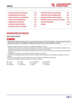 LUZES/INDICADORES/
INTERRUPTORES19.
LOCALIZAÇÃO DOS SISTEMAS 19-0
INFORMAÇÕES DE SERVIÇO 19-1
SUBSTITUIÇÃO DAS LÂMPADAS 19-4
PAINEL DE INSTRUMENTOS 19-5
SENSOR DE VELOCIDADE 19-6
INTERRUPTOR DE IGNIÇÃO 19-7
INTERRUPTORES DO GUIDÃO 19-7
INTERRUPTOR DA LUZ DO FREIO 19-8
INTERRUPTOR DA EMBREAGEM 19-9
INTERRUPTOR DE PONTO MORTO 19-9
INTERRUPTOR DO CAVALETE LATERAL 19-9
RELÉ DA SINALEIRA 19-10
BUZINA 19-11
19-1
XR250
INFORMAÇÕES DE SERVIÇO
INSTRUÇÕES GERAIS
c
• Observe os seguintes itens ao substituir a lâmpada de halogênio do farol.
– Use luvas limpas durante a substituição da lâmpada. Não deixe impressões digitais na lâmpada de halogênio, pois
poderão ser formados pontos quentes na lâmpada, o que causará sua queima.
– Se tocar na lâmpada com as mãos sem proteção, limpe-a com um pano umedecido com álcool para evitar sua falha
prematura.
– Certifique-se de instalar a capa de borracha após substituir a lâmpada.
• Verifique as condições da bateria antes de efetuar qualquer tipo de inspeção que necessite da voltagem correta da
bateria.
• O teste de continuidade pode ser efetuado com os interruptores instalados na motocicleta.
• Os seguintes códigos de cores são usados em todo este capítulo:
Bu = Azul G = Verde Lg = Verde Claro R = Vermelho
Bl = Preto Gr = Cinza O = Laranja W = Branco
Br = Marrom Lb = Azul Claro P = Rosa Y = Amarelo
A lâmpada de halogênio do farol torna-se muito quente enquanto o farol estiver ligado e permanece quente durante
algum tempo após ter sido desligado. Certifique-se de deixá-la esfriar antes de efetuar os serviços.
 