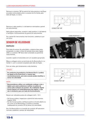 LUZES/INDICADORES/INTERRUPTORES
19-6
Remova o conector 16P do painel de instrumentos e verifique
se existe continuidade entre o conector do fio Verde, pelo
lado da fiação, e o terra.
Remova o cabo positivo (+) da bateria e reinicialize o painel
de instrumentos.
Após alguns segundos, conecte o cabo positivo (+) da bateria
e verifique o funcionamento do painel de instrumentos.
Se o painel de instrumentos não funcionar, substitua-o por
um novo.
SENSOR DE VELOCIDADE
INSPEÇÃO
Para teste do sensor de velocidade, o sistema deve estar
energizado, ou seja, a chave de ignição deve estar ligada
(ON) e o conector 16P deve estar conectado ao painel de
instrumentos.
Levante e apóie a motocicleta com um cavalete apropriado.
Meça a voltagem entre os terminais do fio Branco/Azul (+) e
Verde (–), com o conector acoplado pelo lado da fiação.
Com as mãos, gire lentamente a roda dianteira.
a
NOTA
Devem ser indicados pulsos de voltagem de 0 – 12 V.
– Se houver pulsos, inspecione o painel de instrumentos
(página 19-5).
– Se não houver pulsos, verifique quanto a circuito aberto ou
em curto no fio Branco/Azul, e quanto a conexão
inadequada do conector 3P do sensor de velocidade.
Se o fio Branco/Azul e a conexão do conector 3P estiverem
normais, substitua o sensor de velocidade.
Recomendamos utilizar um multitester análogo e não o
digital, pois assim poderemos verificar os pulsos do
sensor pela oscilação do ponteiro. No multitester digital
haverá apenas um embaralhamento dos dígitos, o que
não é conclusivo para um teste de funcionamento.
Em nenhuma circunstância o fio Branco/Azul (+) poderá
ser ligado ao fio Preto/Azul (+) mesmo que
momentâneamente, pois esta conexão poderá danificar o
sensor de velocidade.
CABO POSITIVO (+)
XR250
CONECTOR 16P
CONECTOR 16P
 