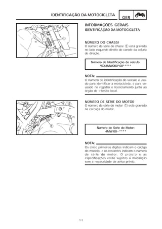 IDENTIFICAÇÃO DA MOTOCICLETA
                                             GER
                  INFORMAÇÕES GERAIS
                  IDENTIFICAÇÃO DA MOTOCICLETA


                  NÚMERO DO CHASSI
                  O número de série do chassi 1 está gravado
                  no lado esquerdo direito do canote da coluna
                  de direção.

                      Número de Identificação do veículo:
                           9C64MW000*00*****


                  NOTA:
                  O número de identificação do veículo é usa-
                  do para identificar a motocicleta, e para ser
                  usado no registro e licenciamento junto ao
                  órgão de trânsito local.


                  NÚMERO DE SÉRIE DO MOTOR
                  O número de série do motor 1 está gravado
                  na carcaça do motor.




                          Número de Série do Motor:
                              4MW 00 - ****


                  NOTA:
                  Os cinco primeiros dígitos indicam o código
                  do modelo, e os restantes indicam o número
                  de série do motor. O projeto e as
                  especificações estão sujeitos a mudanças
                  sem a necessidade de aviso prévio.




            1-1
 