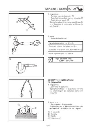 INSPEÇÃO E REPARO MOTOR

      2. Inspecione:
        • Furo do eixo do balancim 1
        • Superfície de contato com os ressaltos 2
        • Superfície de ajuste 3
        Sulcos/arranhões/coloração azul/desgaste
        => Substitua, e inspecione o sistema de
        lubrificação.




a     3. Meça:
         • Folga balancim-eixo

       Folga balancim-eixo    = a - b
       Diâmetro interno do balancim a -
       Diâmetro externo do eixo do balancim b

      Fora de especificação => Trocar.


b               Folga balancim-eixo:
                     0,009 ~ 0,042 mm




      CORRENTE E ENGRENAGEM
      DE COMANDO
      1. Inspecione:
        • Corrente de comando
        Rigidez/rachaduras => Substitua a corrente
        e a engrenagem de comando como um
        conjunto.




      2. Inspecione:
         • Engrenagem de comando
         Desgaste/danos => Substitua a corrente e a en-
         grenagem de comando como um conjunto.

       1    ¼ de dente
       2    Correto
       3    Rolete
       4    Engrenagem



     4-29
 