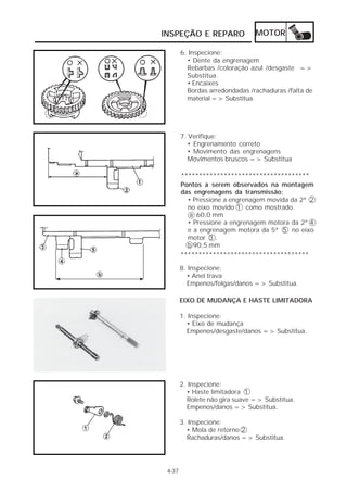 INSPEÇÃO E REPARO               MOTOR

        6. Inspecione:
          • Dente da engrenagem
          Rebarbas /coloração azul /desgaste =>
          Substitua.
          • Encaixes
          Bordas arredondadas /rachaduras /falta de
          material => Substitua.




        7. Verifique:
           • Engrenamento correto
           • Movimento das engrenagens
           Movimentos bruscos => Substitua

        ************************************
        Pontos a serem observados na montagem
        das engrenagens da transmissão:
          • Pressione a engrenagem movida da 2ª 2
          no eixo movido 1 como mostrado.
           a 60,0 mm
          • Pressione a engrenagem motora da 2ª 4
          e a engrenagem motora da 5ª 5 no eixo
          motor 3 .
          b 90,5 mm
        ************************************

        8. Inspecione:
          • Anel trava
          Empenos/folgas/danos => Substitua.

        EIXO DE MUDANÇA E HASTE LIMITADORA

        1. Inspecione:
          • Eixo de mudança
          Empenos/desgaste/danos => Substitua.




        2. Inspecione:
          • Haste limitadora 1
          Rolete não gira suave => Substitua.
          Empenos/danos => Substitua.

        3. Inspecione:
          • Mola de retorno 2
          Rachaduras/danos => Substitua.




 4-37
 
